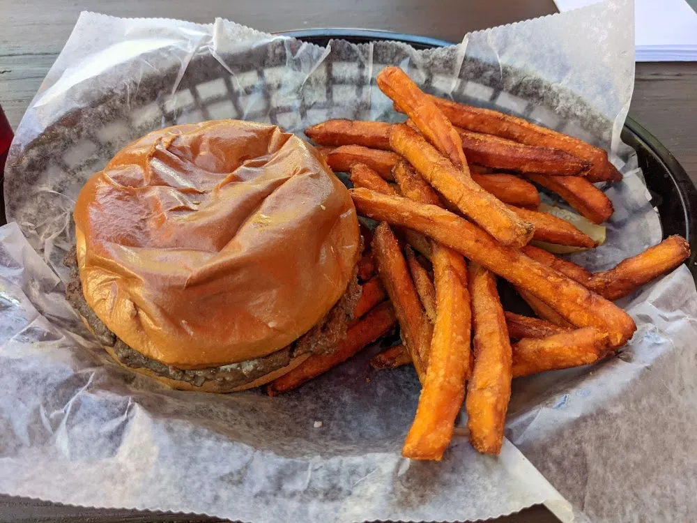 Bleu Burger with Sweet Potato Fries